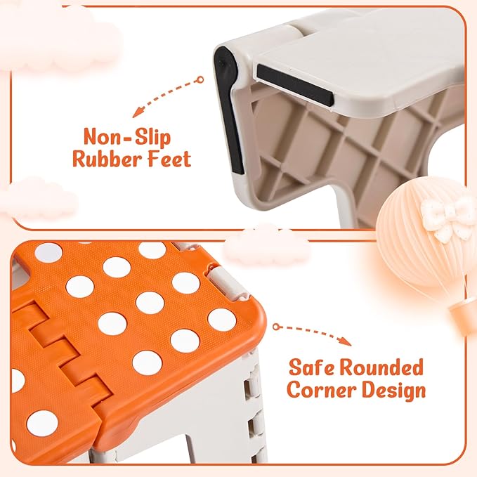 ACSTEP 9 Inch Folding Step Stool 300 LB Capacity Plastic Foldable Step Stools for Kids and Adults, Folding Stool Suitable for Kitchen, Stepping Stool with Handle Bicolor Orange Small Step Stool 1PC