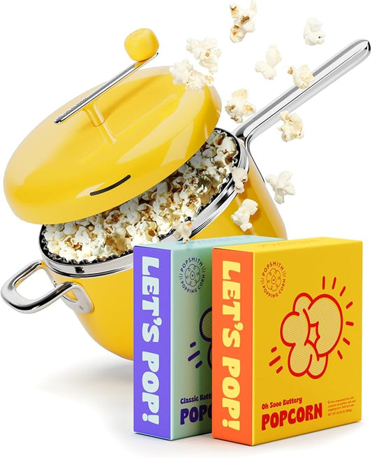 Popsmith Starter Bundle in Butter - 6 Quart Stovetop Popcorn Machine with 5 Movie Theater Popcorn & 5 Kettle Corn Popcorn Kits - Stainless Steel Popcorn Maker Compatible with All Stovetops