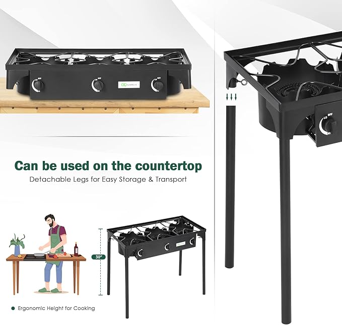 Goplus Outdoor Camping Stove, 3 Burner Propane Gas Cooker w/Detachable Legs & CSA Regulator & 0-20 PSI Regulator for Camp Patio RV, Cast Iron, 225,000-BTU