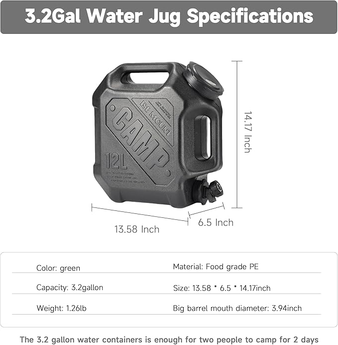 3.2 Gallon Water Jug with Spigot, Portable Water Tank BPA Free, Leak-Proof Water Containers for Camping Water Storage Containers for Emergency Outdoor Hiking Picnic, Green/Black/Yellow