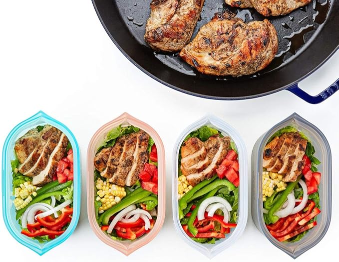 Zip Top Reusable Food Storage Bags | Full Set of 8 [Peach] | Silicone Meal Prep Container | Microwave, Dishwasher and Freezer Safe | Made in the USA