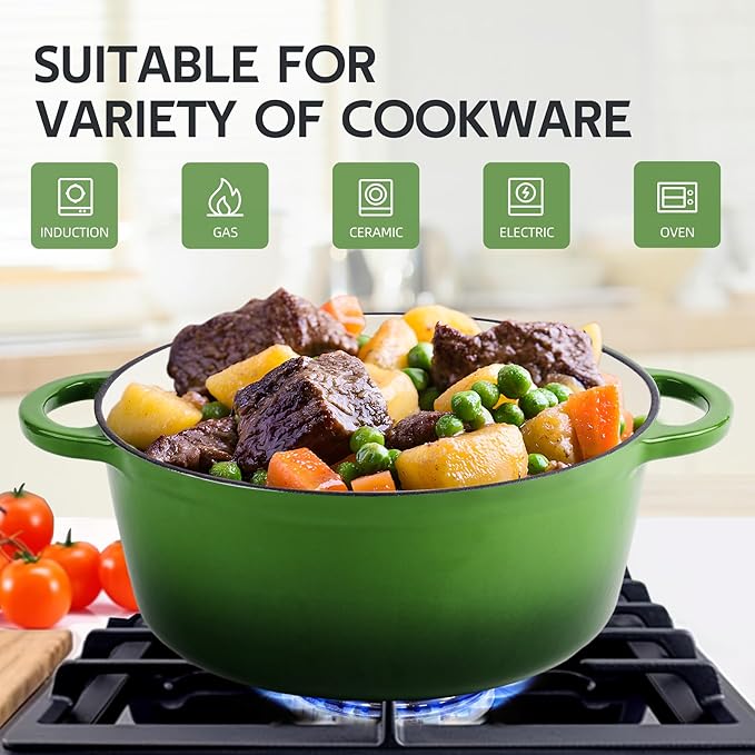 4.5 Quart Dutch Oven Enameled Cast Iron with Lid - Big Dual Handles - Oven Safe up to 500°F - Classic Round Pot for Versatile Cooking Green