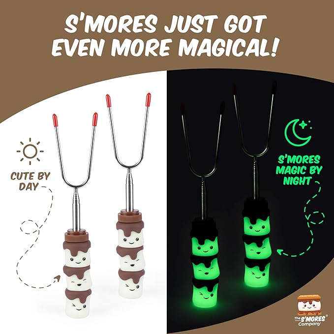 THE S'MORES COMPANY - Glow in the Dark Marshmallow Roasting Sticks - Set of 4 Rotating Smores Sticks - Telescoping Extra Long Marshmallow Sticks for Fire Pit, Campfire & Bonfire - Camping Accessories
