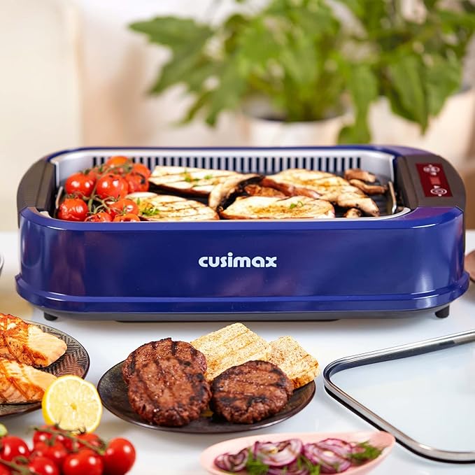 CUSIMAX Smokeless Grill, 1500W Electric Indoor Grill with LED Smart Display & Tempered Glass Lid, Non-stick Removable Plate, Blue