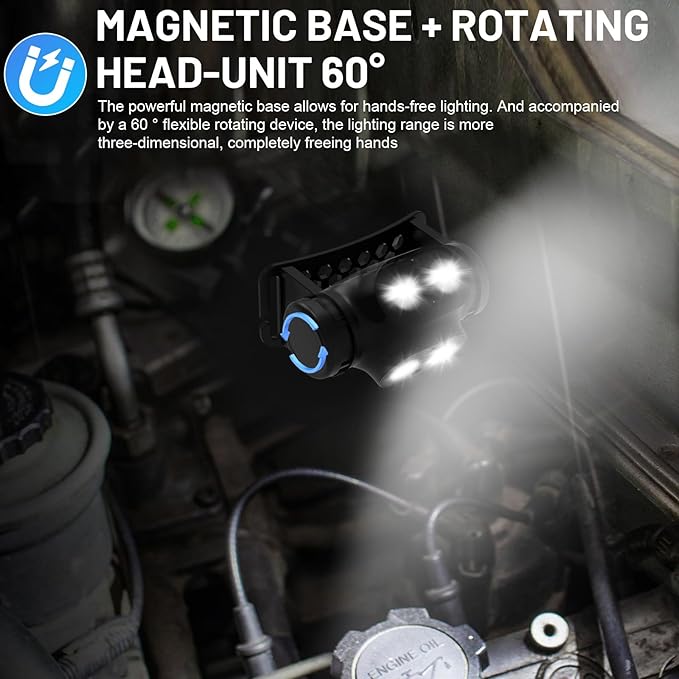 High Lumens Rechargeable Magnetic LED Headlamp for Camping, Hiking, Caving, Fishing, Motion Sensor Waterproof Impact-Resistant Bright Head Light with 4 Light Modes, Adjustable Headstrap (3 Pack)