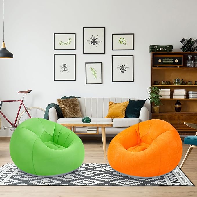 Realspring Inflatable Bean Bag Chairs Outdoor Blow up Camping Chairs Inflatable Lazy Sofa Folding Portable Bean Bag Loungers Couch for Movie Night(Orange, Green,2 Pcs)
