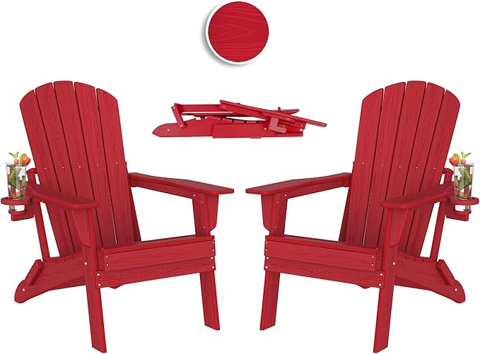 Folding Adirondack Chair Set of 2,Cup Holder,Wooden Textured,Heavy All-Weather HDPE Outdoor Chairs, Poolside Backyard Lawn,Red