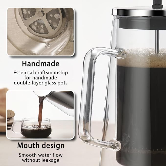 French Press Coffee Maker 34Oz - Double-Wall Insulated Borosilicate Glass - Ergonomic Handle - Coffee Gift - Tea & Coffee Press