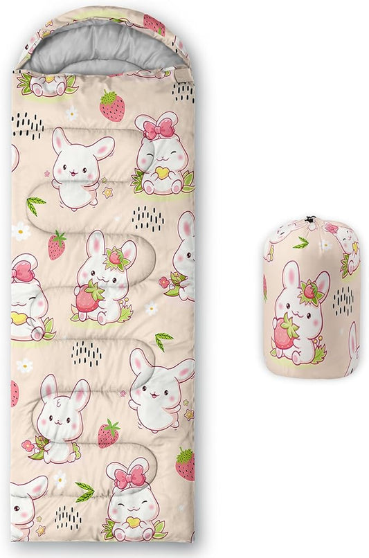 AILONEN Pink Lovely Rabbit Sleeping Bag for Girls Kids Adults,Warm and Cool Weather,Lightweight,Waterproof Backpacking,Cartoon Flowers Printed Bunny Sleeping Bag for Camping