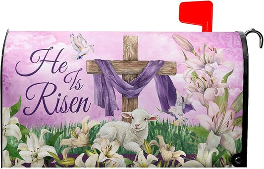 He is Risen Cross Christian Mailbox Cover Magnetic Large Size 25.5x21 Inch Spring Easter Letter Box Wrap Religious Lily Floral Sunrise Lamb decorative Dust-Proof Letterbox Covers for Home Garden Yard