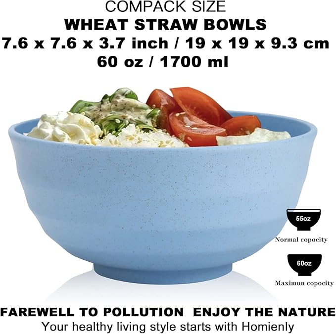 60 OZ Big Salad Bowls,Large Soup Bowl Set of 8,Wheat Straw Bowls,Serving Bowl for Wedding Parties,Microwave and Dishwasher Safe Bowl for Salad,Soup,Serving,Oatmeal Big Bowls for Kitchen - Light Color