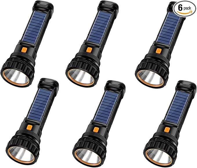 6PCS Solar/Rechargeable Multi Function 1000 Lumens LED Flashlight, with Emergency Strobe Light and 1200 Mah Battery, Emergency Power Supply and USB Charging Cable, Fast Charging