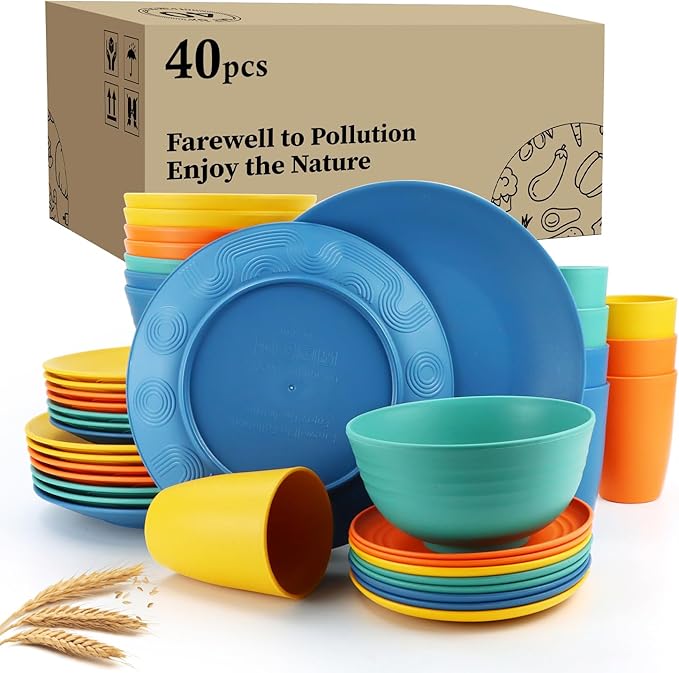 40Pack plates and bowls sets for kids - Unbreakable wheat straw dinnerware sets service for 8 - Alternative plastic 40pcs dish sets for kitchen, camping and indoors dinning - (Colorful)