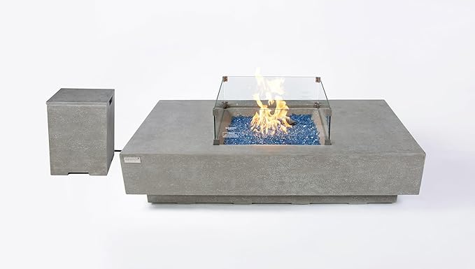 Elementi+ | Bundle Monte Carlo Gas Fire Pit Cast Concrete 60" Rectangular Fire Table | Electronic Ignition | Canvas Cover, Fire Glass and Burner Lid Included | Light Gray | Propane Gas