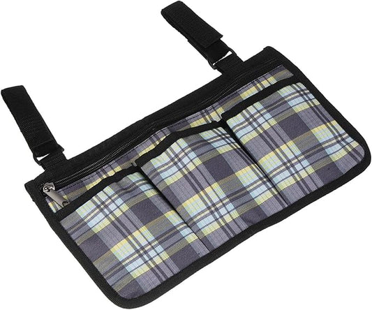 YOKIVE Armrest Organizer, Waterproof Chair Snack Storage Bag with Straps, Great for Camping Beach Daily Use, (Blue Grid, 4 Pockets)