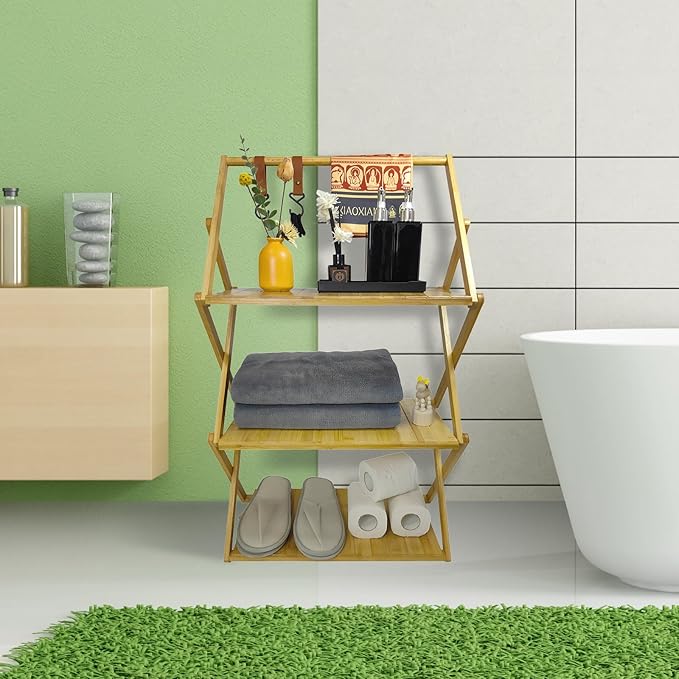 Foldable Bamboo Shelf, Folding Shoe Rack, Flower Rack, Camping Rack, No Installation Required, Portable, Space Saving, Multi-Purpose Storage Rack (Natural,3 Tiers with Boom)