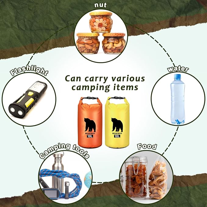 2 Pcs 10L Waterproof Bear Bags with 4 Nylon Ropes, 4 Clips & 2 Rock Pockets & 2 Small Warning Bells for Hanging Food securely. Ultralight Camping Food Bag System.