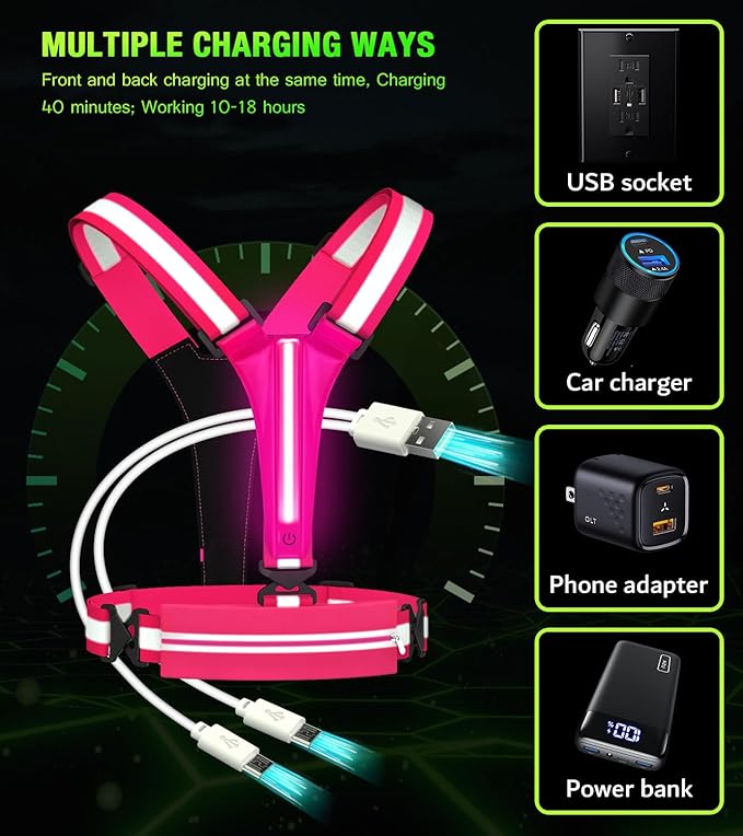 LED Reflective Vest Running Gear Set,USB Rechargeable Light Up Running Vest for Runners Night Walking with Waterproof Phone Bag,High Visibility Armband,Adjustable Waist&Shoulder for Men Women