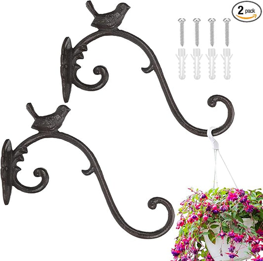 Moxweyeni 2 Pcs Cast Iron Plant Hangers Outdoor 10" Heavy Duty Hanging Basket Brackets Lovely Bird Shape Decorative Wall Hangers for Flower Pots Bird Feeder Wind Chime Lantern(Rust)