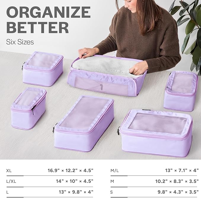 Compression Packing Cubes for Travel - Luggage Organizer Bags - Double Zipper Packing Cubes for Suitcases (6-Pack, Purple)