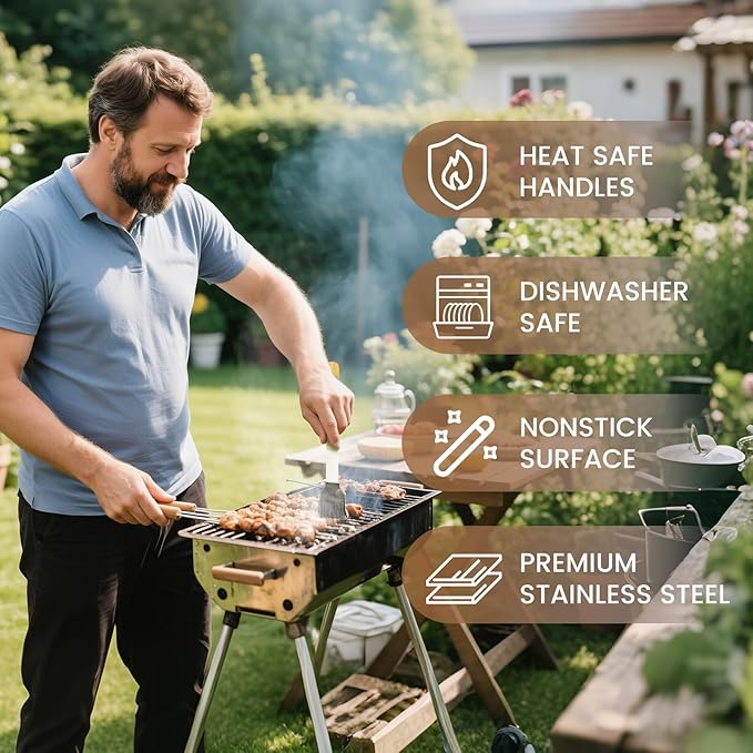 Griddle Accessories Kit, Grill Accessories Set for Outdoor BBQ, Heavy Duty Stainless Steel Griddle Spatula Set Wooden Handling Grilling Tools with Case with Tongs Spatulas for Birthday Gifts for Men