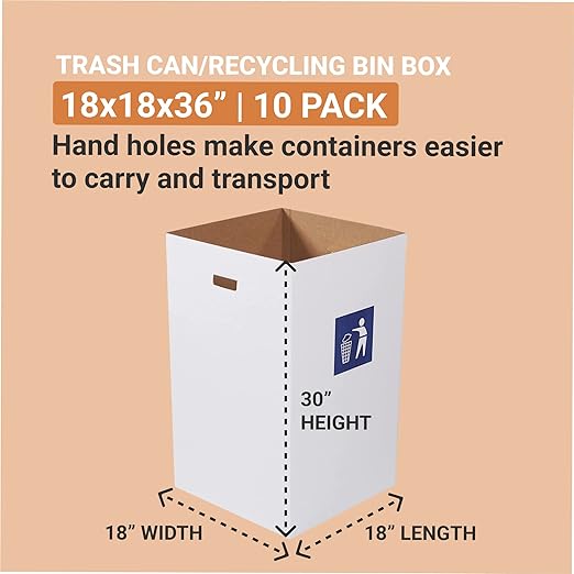 AVIDITI Cardboard Trash Cans and Recycling Bins, 40 Gallon 18"L x 18"W x 30"H (10-Pack) Reusable or Disposable Pop Up Garbage Boxes Container for Party, Parties, Recycle, Outdoor Events, Heavy Duty, Waste