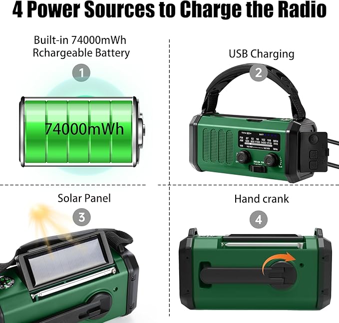 Hand Crank Emergency Radio,74000mWhSolar Powered Hand Crank Portable NOAA AM FM Weather Radio with 3Mode Flashlight and Reading Light,Cell Phone Charger,Home and Emergency Distress Signall