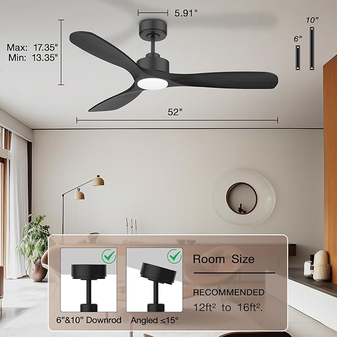 52” Wood Smart Ceiling Fans with Lights Remote,Quiet DC Motor,Outdoor Indoor Ceiling Fan,Voice Control via WIFI Alexa App,Dimmable,Modern Black Ceiling Fan for Bedroom Patio Porch