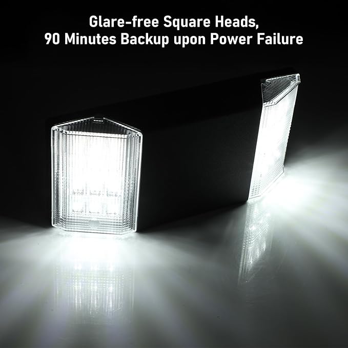 TORCHSTAR LED Emergency Lighting, Commercial Emergency Lights with Battery Backup, UL Listed, Two Square Heads, AC 120/277V, Hardwired Exit Light Fixtures for Business, Black, Pack of 4