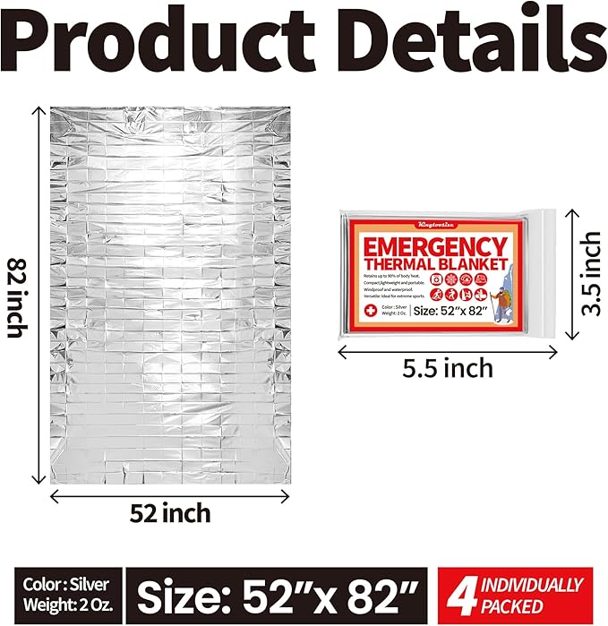 Emergency Blanket 4-Pack, Mylar Survival Blanket