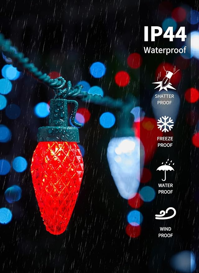 2 Pack C9 LED Christmas String Lights - Each 82ft 100 LED Outdoor String Lights with Timer and 8 Lighting Modes, Plug in Extendable Roofline Lights String for Outside Yard Christmas Holiday Decoration