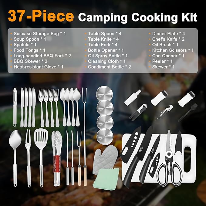 Essential Camping Utensils Set, Campers Mess Gear Kit, Portable Stainless Steel Kitchen Accessories, Must Have Car Travel Cutlery, Cookware Cooking Tools Equipment, Outdoor Survival for Men and Women