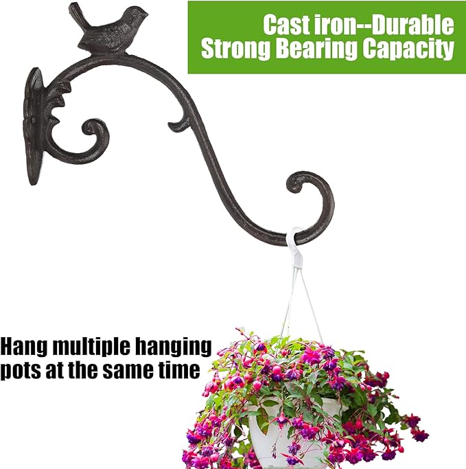 Moxweyeni 2 Pcs Cast Iron Plant Hangers Outdoor 10" Heavy Duty Hanging Basket Brackets Lovely Bird Shape Decorative Wall Hangers for Flower Pots Bird Feeder Wind Chime Lantern(Rust)