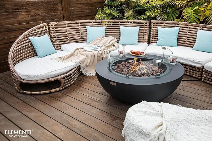 Elementi Lunar Bowl Cast Concrete Fire Table Bundle, Outdoor Fire Pit Fire Table Patio Furniture, Dark Gray (Liquid Propane Gas)