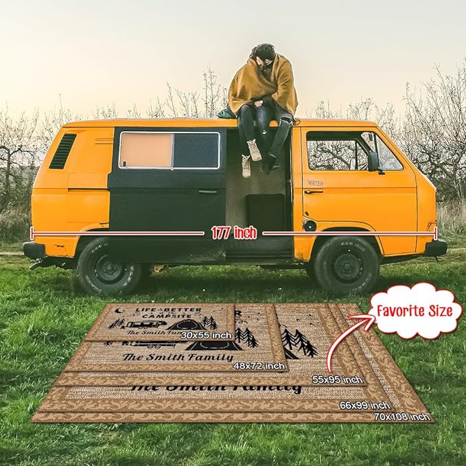 Custom Camping Rug Happy Camper RV Trailer Campsite Decor Floor Mat for Outdoors, Patio, Backyard, Picnic, Beach, Camping, 48 x 72 Inch (20 RV Optional)