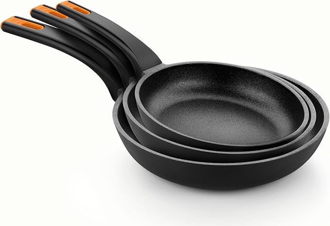 BRA COOKWARE Efficient Pro 3 Frying Pan Set | 8 + 9.5 + 11 inches Cast Aluminum Frypans | Profile Plus Non-Stick | All Heat Sources Compatible | PFOA Free | Heat-Resistant Handle | Non Deformable