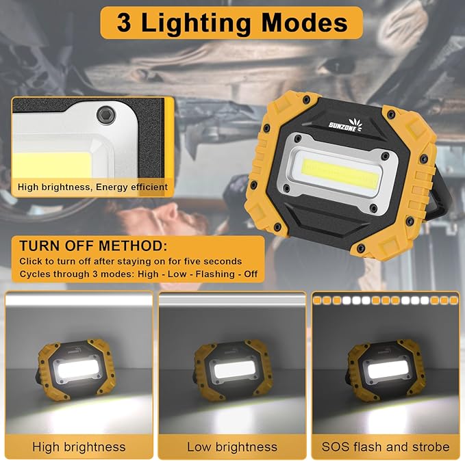 Sunzone LED Work Light, Rechargeable Magnetic Flood Lights with Stand, Waterproof Portable Job Site Lighting for Camping, Fishing, Hiking, Car Inspection with Emergency Mode (2 Pack)