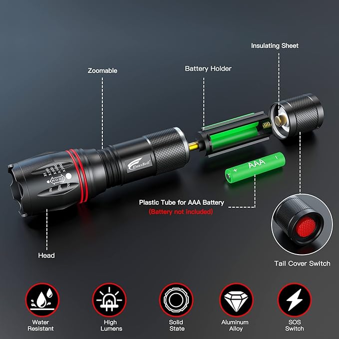 HAUSBELL A100 LED EDC Flashlights High Lumens,Bright, Zoomable, Waterproof, Powerful, Emergency Tactical LED Flashlights for Home and 5 Modes, Flashlight for Camping Gear、Hiking、Walking（2Pack）