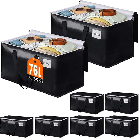 BlissTotes Moving Bags, Heavy Duty Moving Boxes with Zippers Top and Sturdy Handles, Storage Bags for Space Saving and Packing, Collapsible Moving Supplies, Storage Totes (76L, 8-Pack, Black)