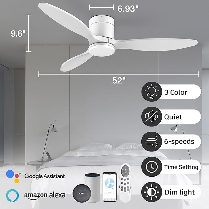 52” Wood Smart Ceiling Fans with light and Remote,Flush Mount Outdoor Indoor Ceiling Fan,Quiet DC Motor,Dimmable,Control with Voice Alexa Google App Wifi,for Low Profile Modern Bedroom Patio,White