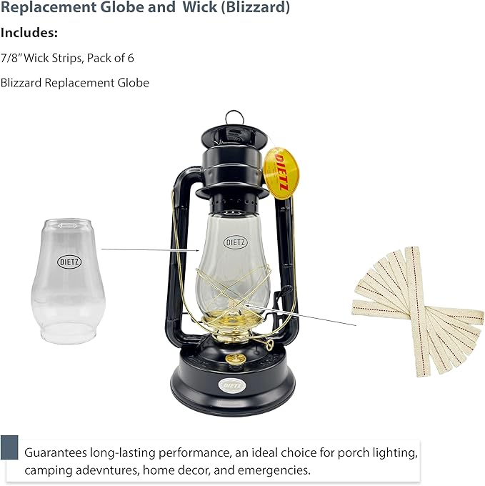 Light of Mine - Dietz #80 Blizzard Oil Lantern with 7/8" Replacement Wick Strips (Replacement Blizzard Globe with Wick)
