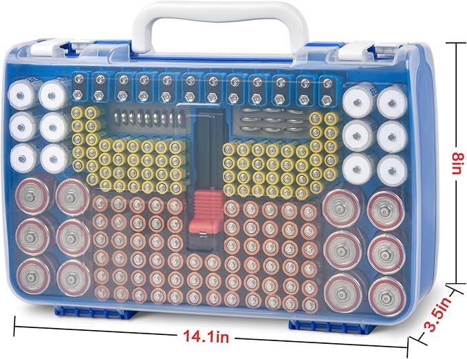 Battery Organizer Storage Holder Case with Double-Sided, Garage Box with Tester Checker. Batteries Container for 269pcs AA AAA AAAA 3A 4A 9V C D Lithium 4LR44 CR2 CR123A CR1632 CR2032 18650 - Blue