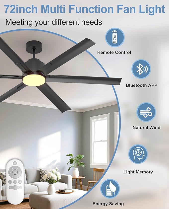 JAYNLT 72 Inch Ceiling Fan with Light,Industrial LED Fan Lights with 6 Aluminium Blades,Large Ceiling Fan - Remote/APP Control, Air Reversible 6 Speed 3 Colors Noiseless DC Motor for Porch,Garage