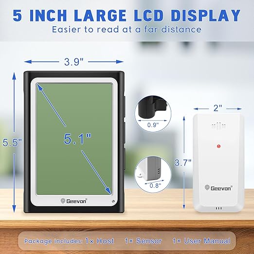 Geevon Large Display Digital Thermometer Hygrometer, Accurate Indoor Outdoor Temperature Humidity Monitoring, Wireless Weather Station with 200ft/60m Range Remote Sensor, Black