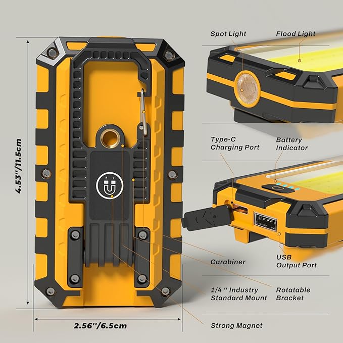 2Pack LED Work Light, 1500Lumens Rechargeable Magnetic Flashlight Rotatable Mechanic Light with Hanging Hook Job Site Lighting, Portable Worklight for Repairing Working Camping Hiking
