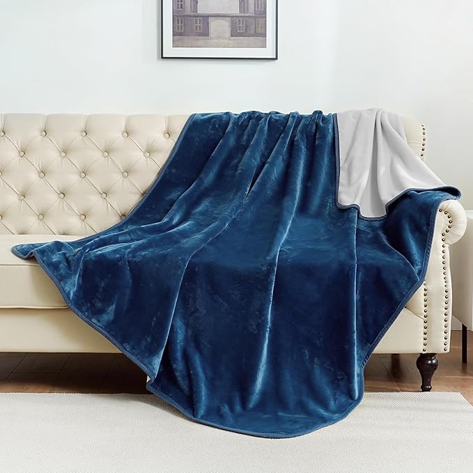 SOCHOW Waterproof Blanket for Bed Sofa Couch, Water Resistant Blanket Washable 80"x90", Reversible Leakproof Bed Cover for Adults Elderly Pets, Navy Blue & Light Grey