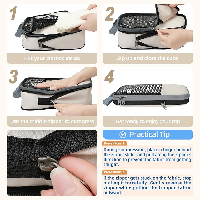 BAGAIL 4 Set/6 Set/8 Set Compression Packing Cubes Travel Accessories Expandable Packing Organizers (Half Mesh, 6-Beige)