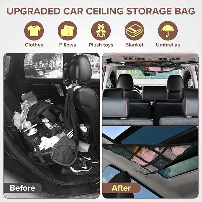 Kaskawise 31.5"x21.6" Car Ceiling Cargo Net – Double-Layer Roof Storage Organizer for 3-Handle & 4-Handle Vehicles, Perfect for Road Trips & Car Camping