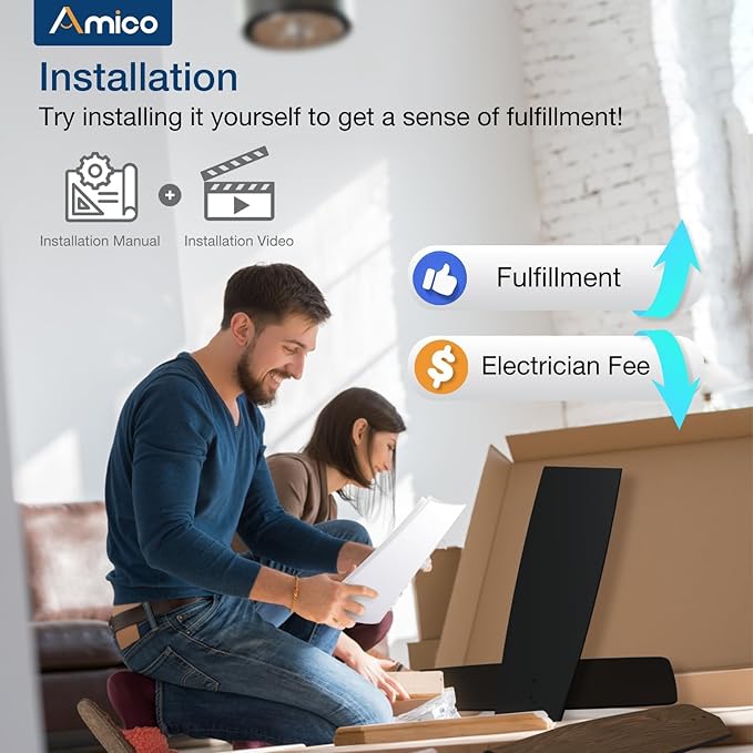 Amico Ceiling Fans with Lights, 52 Inch Ceiling Fan with Light and Remote Control, Black Fan, Reversible, 3CCT, Dimmable, Noiseless, Ceiling Fan for Bedroom, Indoor/Outdoor Use