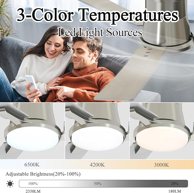 42 Inch Ceiling Fans with Lights and Remote,Brushed Nickel Low Profile Ceiling Fan with Light,Reversible,Flush Mount,6 Speeds,3CCT Dimmable,for Bedroom,Living Room,Indoor Patio